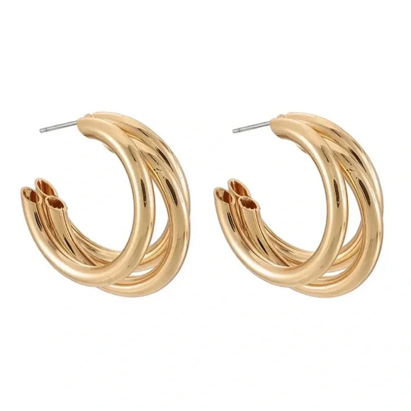 New 18K Gold Plated Triple Layered Hoop Earrings - Picture 1 of 5